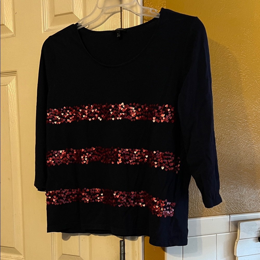 Talbots Sequin red heart Striped BlueTop.